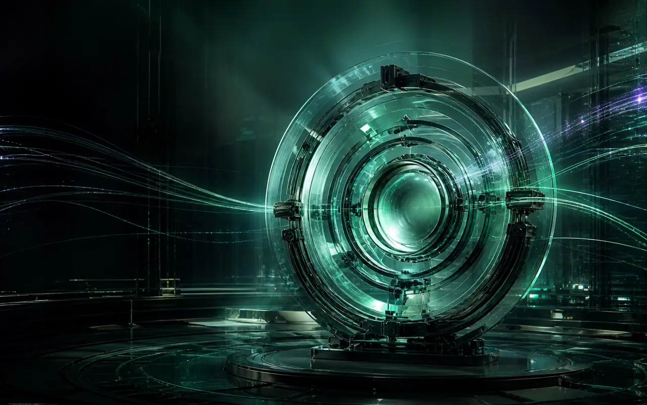 A cinematic optical intelligence instrument transforming evidence streams inside the DueVerity Evidence Atelier